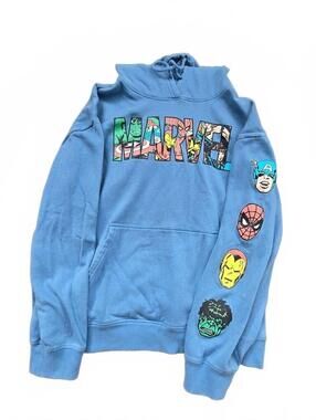 Blue Marvel Comics Graphic Pullover Hoodie with Superhero Sleeve Art XXL